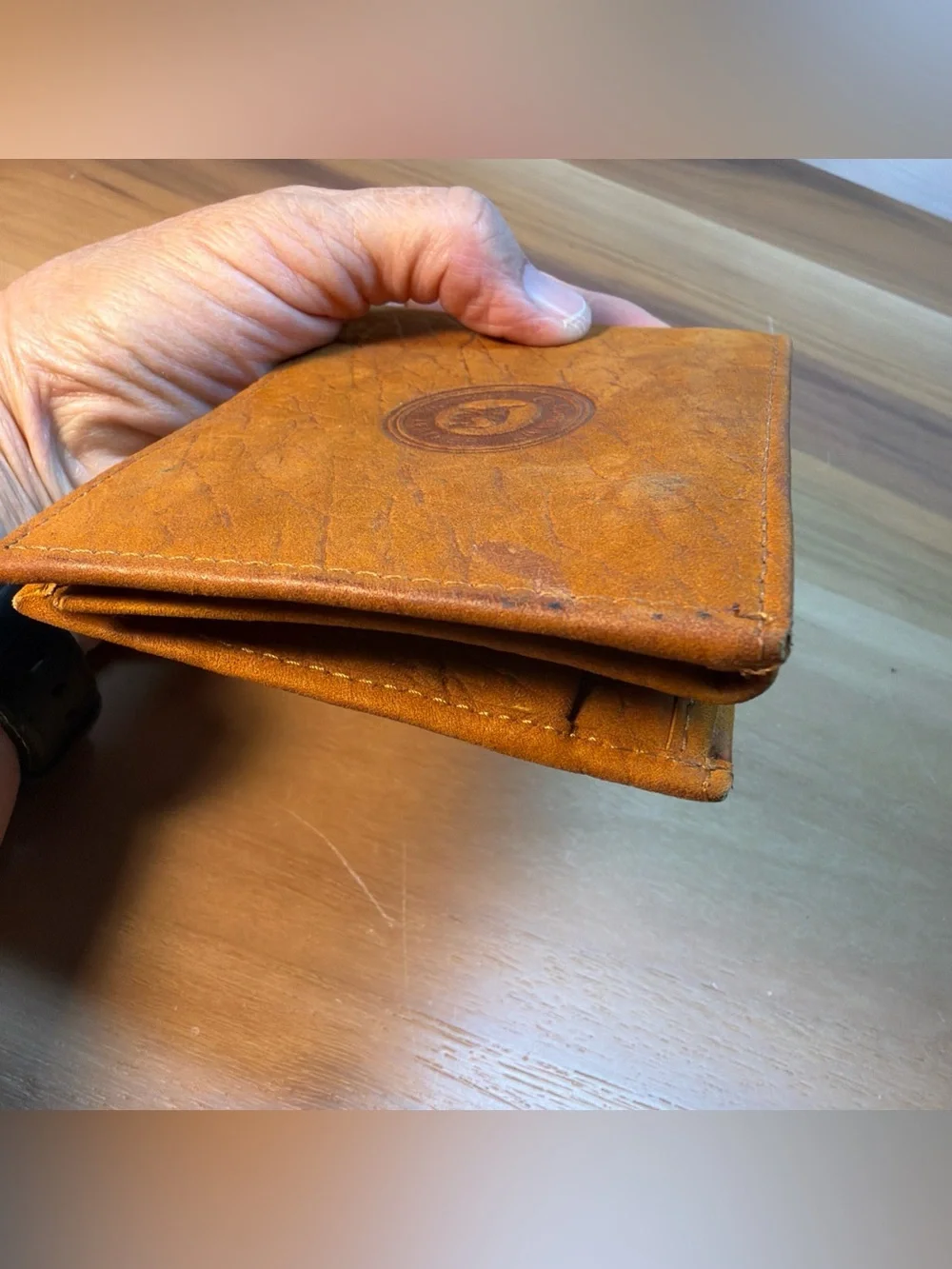 VTG Thailand Leather Wallet Souvenir for Military Personnel Brown Orange Bifold